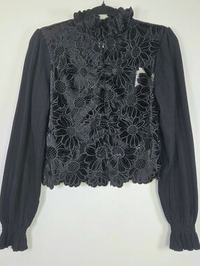 NWT SANDRO FLORAL VELVET GUIPURE LACE MOCK NECK TOP.
